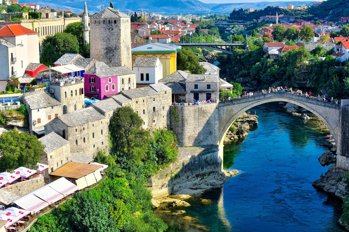 Mostar building on the bank of the Neretva river